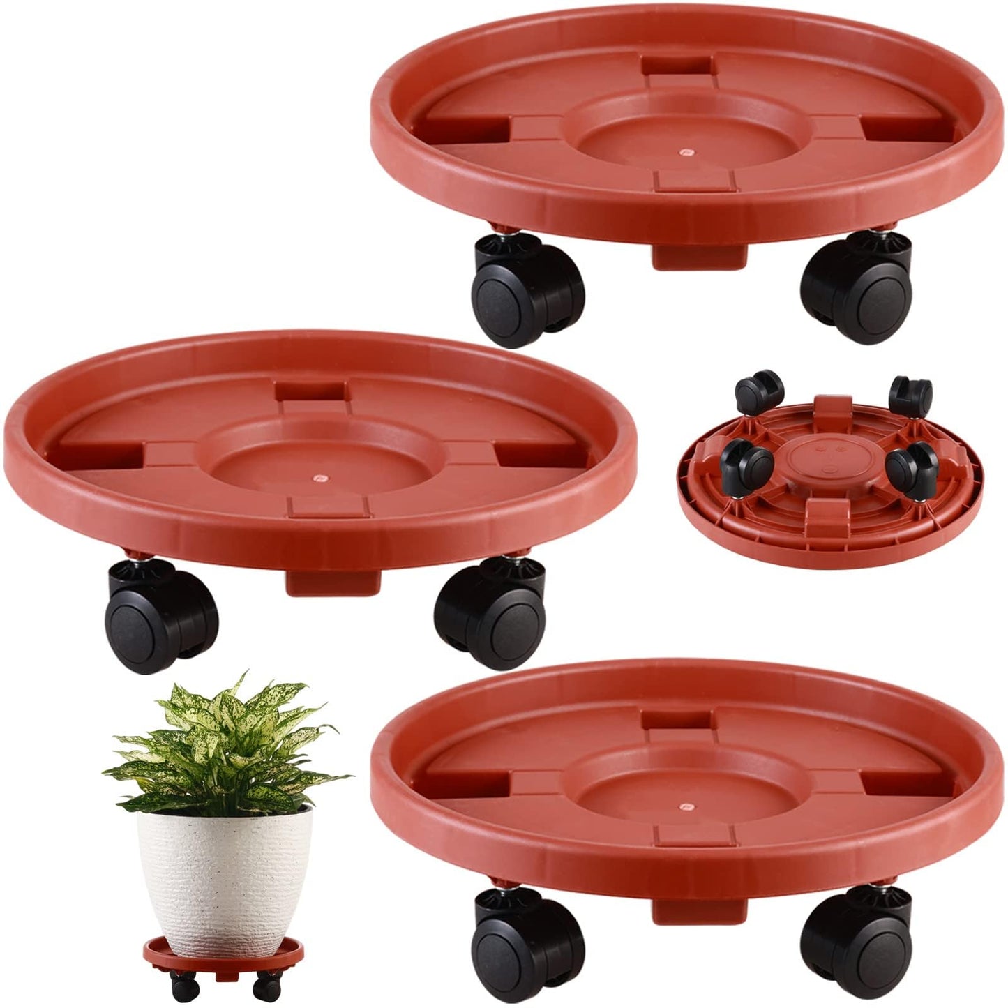 3 Pakcs Large Plant Caddy with Wheels 15.8" Rolling Plant Stands Heavy-duty Plastic Plant Roller Base Pot Movers Plant Saucer on Wheels Indoor Outdoor Plant Dolly with Casters Planter Tray Red