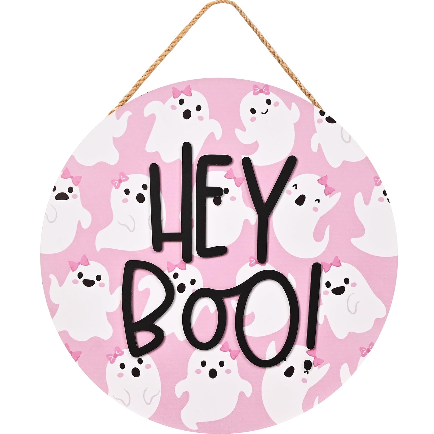 Frugtfrit Pink Halloween Hey Boo Door Decor, 3D Pink Ghost Wood Welcome Sign for Front Porch, Halloween Wreath for Little Boo Baby Shower, Playhouse