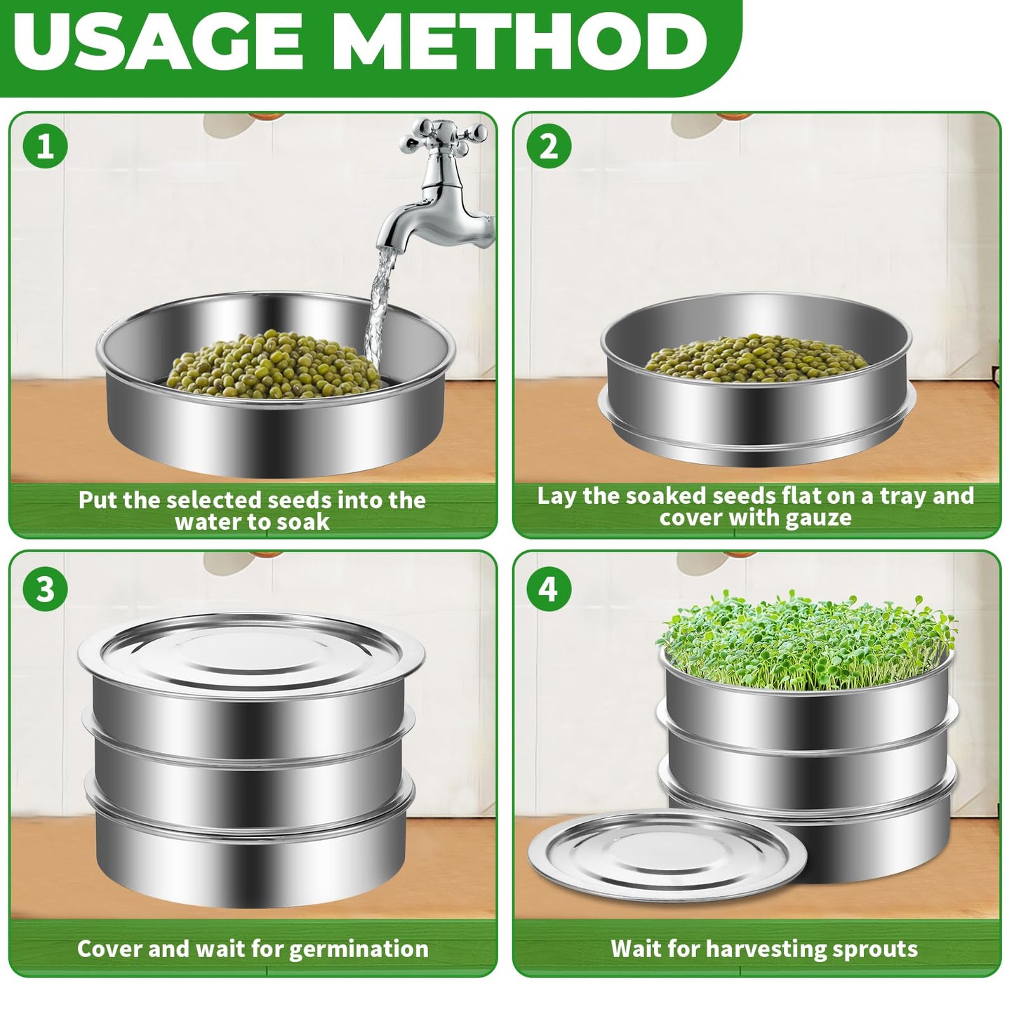 Zuxmvot Sprouts Growing Kit Stainless Steel, Stackable Seed Sprouting Tray, Stainless Steel Seed Sprouting Kit, Seed Sprouter Kit for Beans Peas Broccoli Alfalfa Seeds Wheat Grass (8 in)