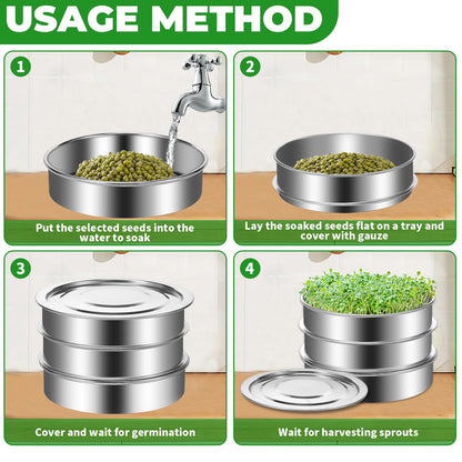 Zuxmvot Sprouts Growing Kit Stainless Steel, Stackable Seed Sprouting Tray, Stainless Steel Seed Sprouting Kit, Seed Sprouter Kit for Beans Peas Broccoli Alfalfa Seeds Wheat Grass (8 in)