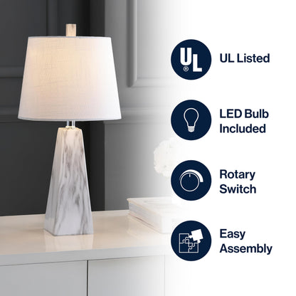 JONATHAN Y 20.5" White Marble Finish Modern Resin Table Lamp for Bedroom Living Room, Contemporary Faceted Bedside Lamp with White Linen Shade, LED Bulb Included JYL1037A