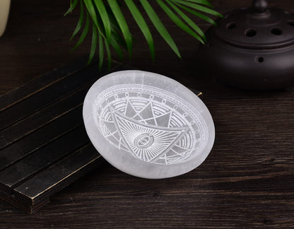 AMOYSTONE 4" Round Selenite Stone Bowl Dish Hand Carved Demon Eye #1 Crystal Charging Station Healing Bowl