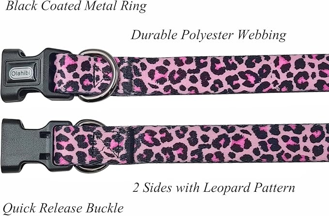 Dog Collar Leash Set, Leopard Pattern, Polyester Material, Adjustable Collar and 5ft Matching Leash, for Large Dogs.(L, Colorful Leopard)