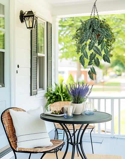 Fake Hanging Plant with Pot, Large Hanging Artificial Plants with Basket & Hanger Faux Greenery Plants Indoor Outdoor Decor Fake Alocasia Longiloba Plant in Pot for Wall Balcony Patio Office Bathroom