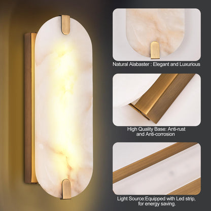 DLUCE 14.17in Alabaster Wall Sconces, Natural Marble Wall Light Set of Two, Modern LED Alabaster Sconces for Living Room Indoor Wall Lamps for Dining Room Stairs Bedroom,Brushed Gold
