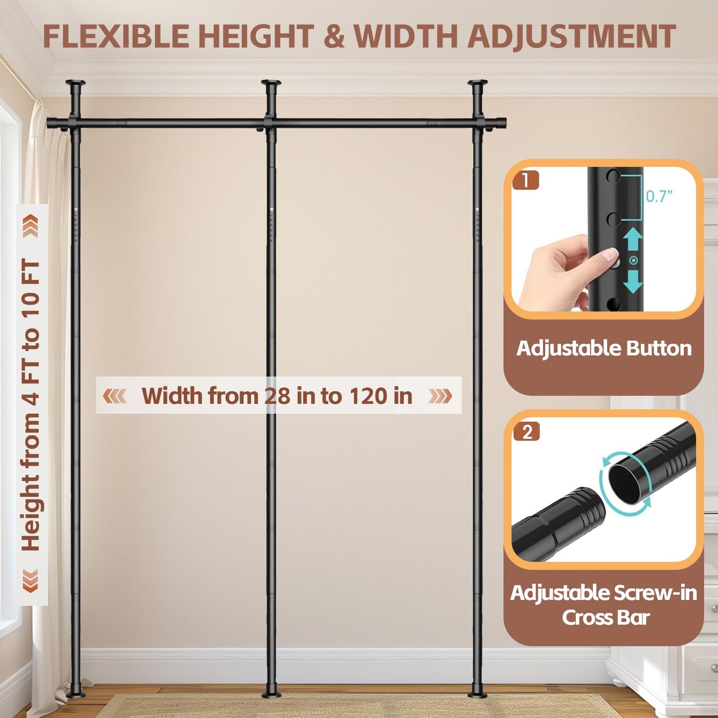 Room Divider Curtain Rod - No Drilling Partition Room Dividers for Room Separation,4-10ft (H) 28-120inch(W) Adjustable Floor to Ceiling Portable Room Divider Wall Partitions Space Separator