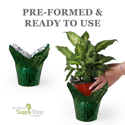 the florist Supply 6” AZA Plant Pot Covers, Decorative Plant Sleeve for Indoor & Outdoor House Plants, Reusable and Gift-Ready Foil Wrap for Flower Pots, Evergreen, Pack of 5