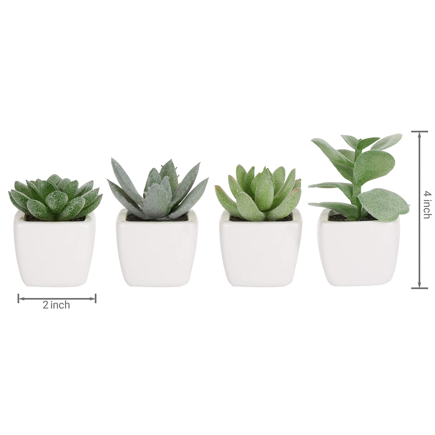MyGift Set of 4 Mini Assorted Green Decorative Artificial Succulent Plants in Square White Glazed Ceramic Planter Pots