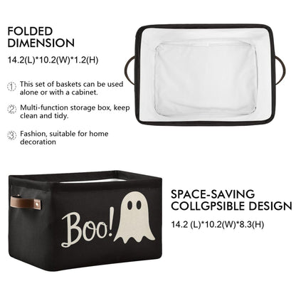 Wamika Halloween Ghost Boo Storage Basket with Waterproof Liner and PU Handles Spooky Bat Skull Storage Bins Boxes 14.2" Collapsible Decorative Organizer Baskets for Bedroom Closet Office 1 Pack