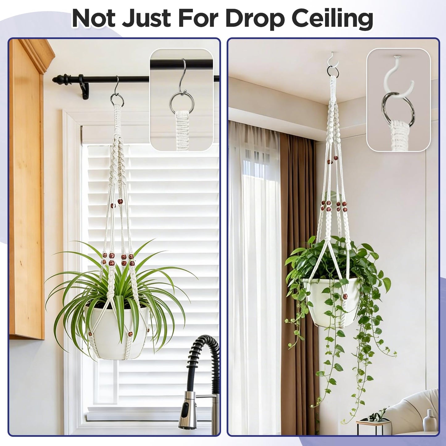 CollectHall 2 Pack Macrame Plant Hanger with Drop Ceiling Hooks, Hanging Planter with Wooden Bead, No Tassels for Indoor Outdoor Boho Office Classroom Decor, 35 Inches (Pots Not Included)