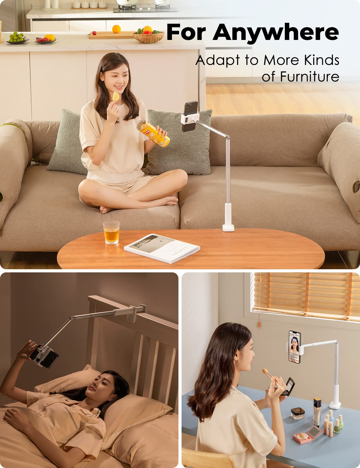 Viozon Phone Holder, Flexible Long Arm,Overhead Mount,360° Angle Adjustable,Aluminum Alloy, C Clamp for Headboard Bedside&Table&Desk,Compatible with 3.5"-6.9" Phone,iPhone 16 15 Plus/Pro Max W