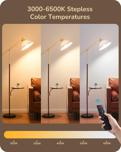 EDISHINE 68in Arc Floor Lamp, Vintage Design, Remote Dimmable Bulb, Beige Shade, Adjustable Arm, Wood Grain Finish, Model HFLEF1