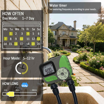 Drip Irrigation System for Garden with Water Timer, Main ID 1/2inch 32Ft and 1/4inch 131Ft Water Hose, 2-Zone Watering System Sufficient Water Pressure, Irrigation Dripper Waterflow Evenly Easy DIY