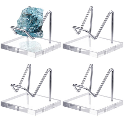 Wenqik 4 Pcs Metal Crystal Display Stand Rock Holder Crystal Display Shelf with Metal Arms Acrylic Pedestal Base for Mineral Gemstone Agate Fossil Coral Geode Jewelry Collectible(Silver,2.5 x 2.5 x 2)
