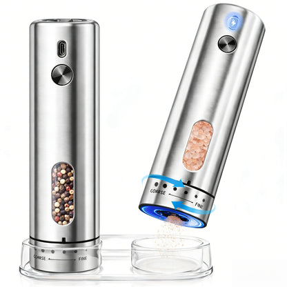 Rechargeable Electric Salt and Pepper Grinder Set with 6 Adjustable Coarseness, Large Capacity, LED Light, Stainless Steel Automatic Pepper Mill - BBQ Accessories, Cooking Gift for Dad, Men Women
