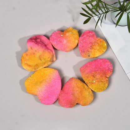 JIC Gem Pink Yellow Titanium Coated Large Heart Crystal Cluster Geode Healing Crystals Heart Shaped Rocks with Crystal Display Stand Home Decor Reiki Meditation 3.14-3.54 inch