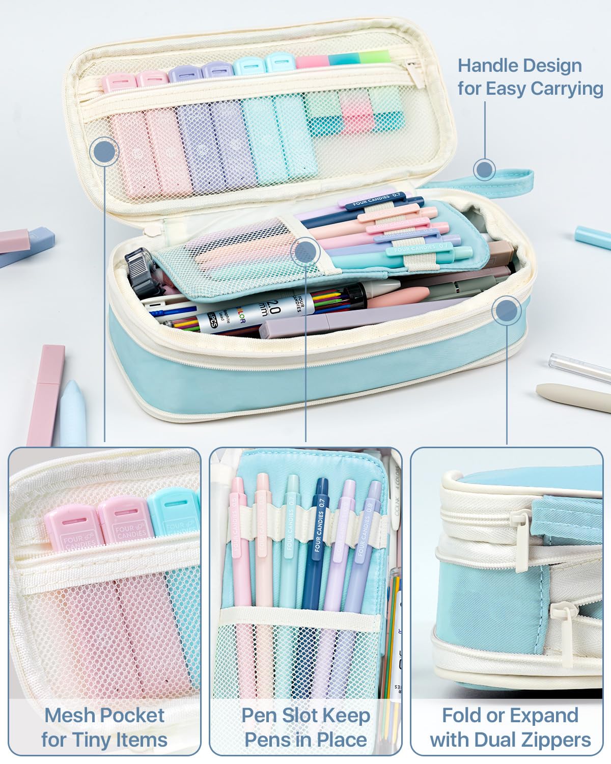 Four Candies 56 PCS Stationery Set, Cute Storage Case with Supplies, 6 Multicolor Pens, 12 Pastel Highlighters, 5 Gel Pens Black Ink, 9 Mechanical Pencils for College Essentials Stuff (Blue)