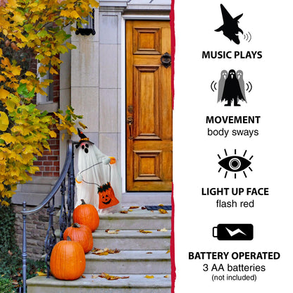 Haunted Hill Farm Friendly Ghost Halloween Animatronic with Touch Activated Lights and Music, Battery Operated Indoor or Covered Outdoor Halloween Decorations, Cute and Modern Halloween Props for Home