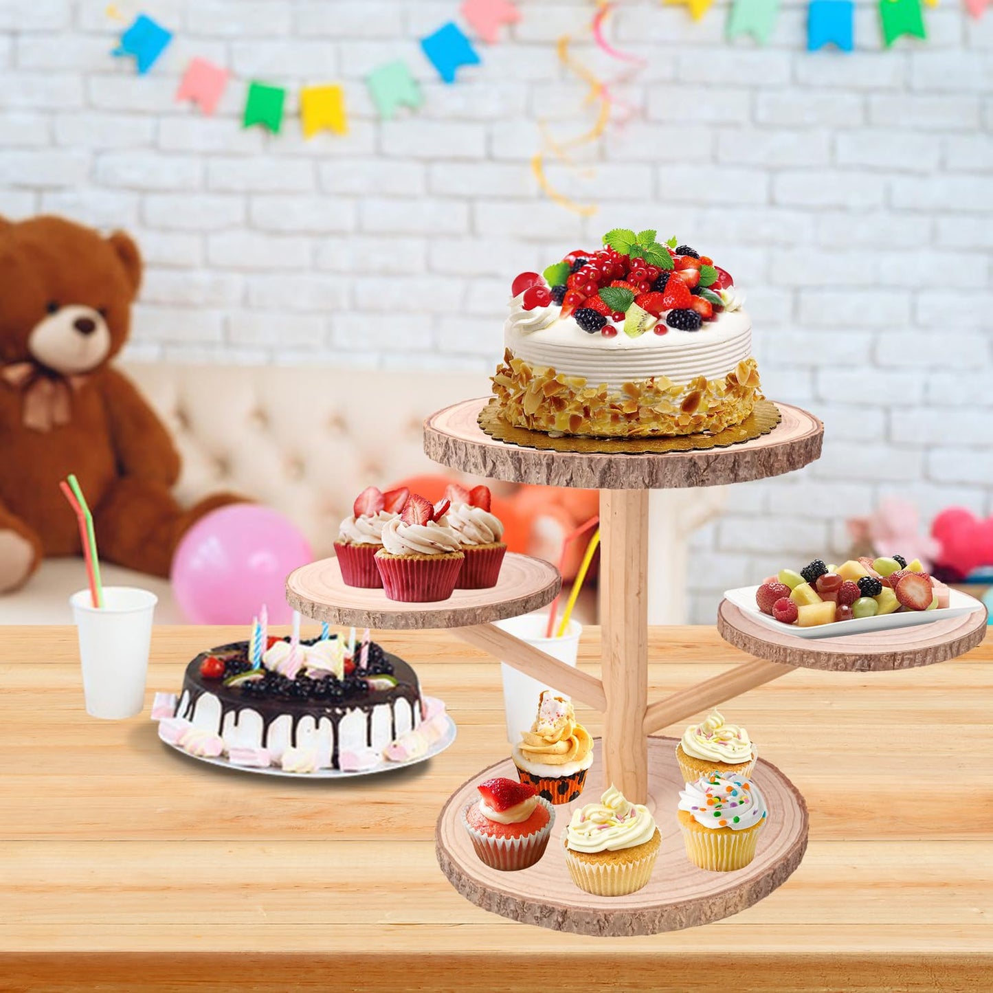 kukmakri 4 Tier Round Wooden Cupcake Stand - Wooden Cupcake Stand/ Holder – Rustic Wood Cupcake Tower Display for Weddings, Birthday Party Decoration, and Dessert Tables
