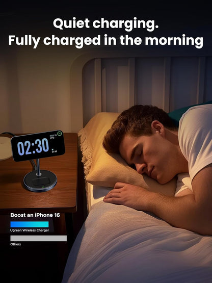 UGREEN MagFlow 2-in-1 Magnetic Wireless Charging Stand Fast Wireless Charger for iPhone 17 16 15 14 13 12 Series and AirPods, MagSafe Compatible Qi Charging Stand with 3 FT USB-C Cable (No AC Adapter)
