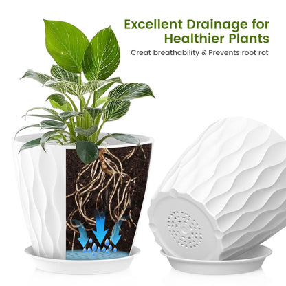 UOUZ 8 Inch Plant Pots, 4 Pack Plastic Planters for Indoor Outdoor with Drainage Holes & Saucers, Waffle Texture Flower Pots for Indoor Plants, Indoor Plant Pots for Monstera, Fiddle Leaf Fig, White