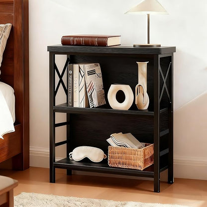 MNEETRUNG Small Bookshelf,3 Tier Industrial Bookcase with Metal Frame and Backboard,Low Black Book Shelf,Book case for Small Spaces,Living Room,Bedroom and Home Office