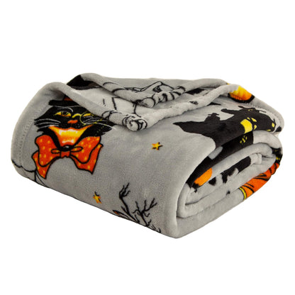 Pumpkin Halloween Throw Blanket 50” x 70” Reversible Castle Cat Bat Print Fleece Throw Blanket, 320 GSM Surper Soft Warm Cozy Blanket for Couch Sofa, Halloween Harvest Gifts and Orange Home Decor