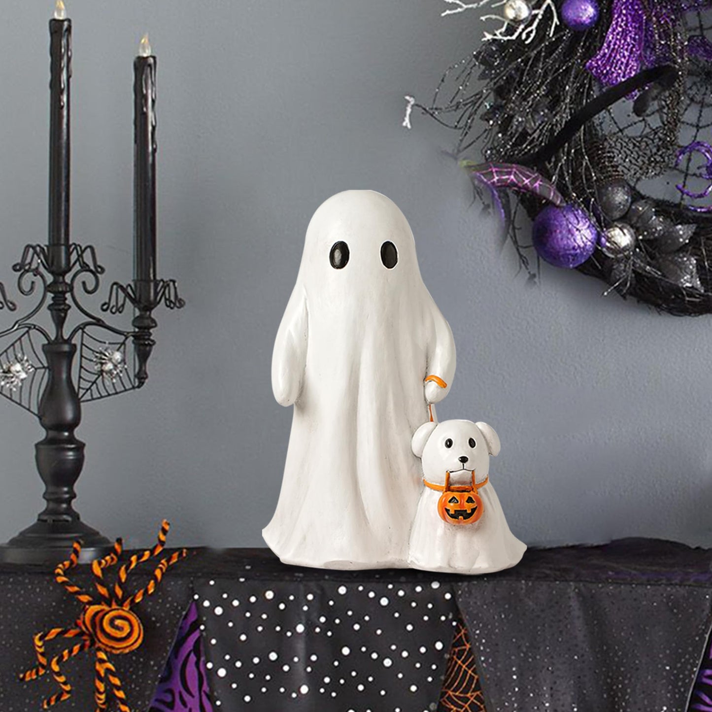 VILLADECOR Halloween Ghost Walking Dog Statue, Cute White Ghosts Figurines Halloween Table Decor, 8.9 inch