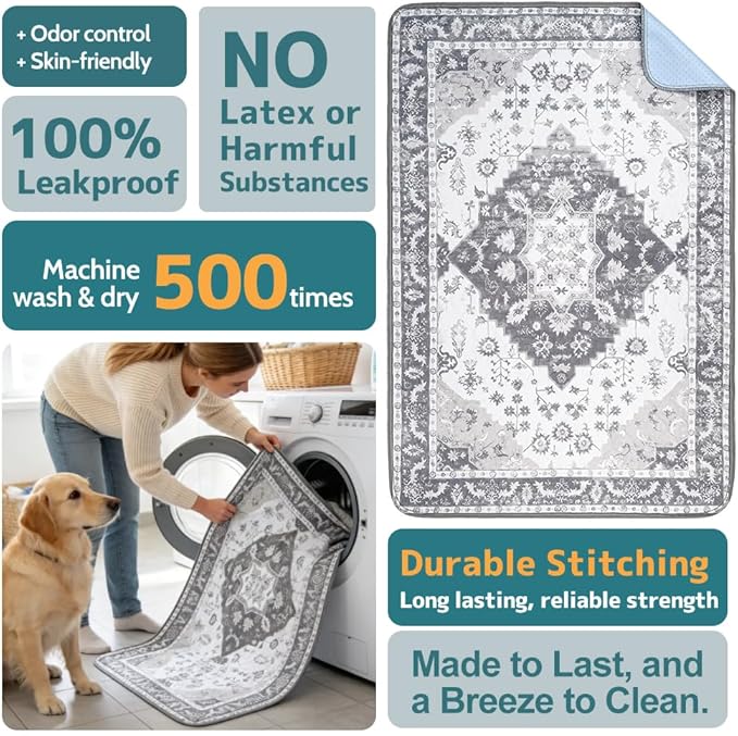 Washable Pee Pads for Dogs, 2 Pack Reusable Puppy Training Pads 72"x72" Super Absorbent Waterproof Dog Training Pads, Non-Slip Potty Pads, Whelping Pads Litter Mat Light Grey Medallion