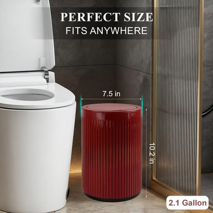 JiatuA Small Bathroom Trash Can with Lid, 2.1 Gallon Garbage Can with Pop-Up Lid Trash Bin Round Wastebasket for Kitchen Bedroom Office Living Room Toilet College Dorm, Red