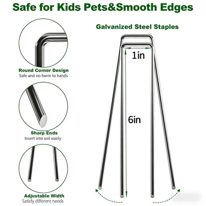AMAGABELI 6 Inch 200 Pack Galvanized Landscape Staples 11 Gauge Anti-Rust Heavy Duty Garden Stakes Plant Cover Spikes U-Shaped Sod Pins Fence Stakes for Weed Barrier,Irrigation Tubing,Lawns,Decoration