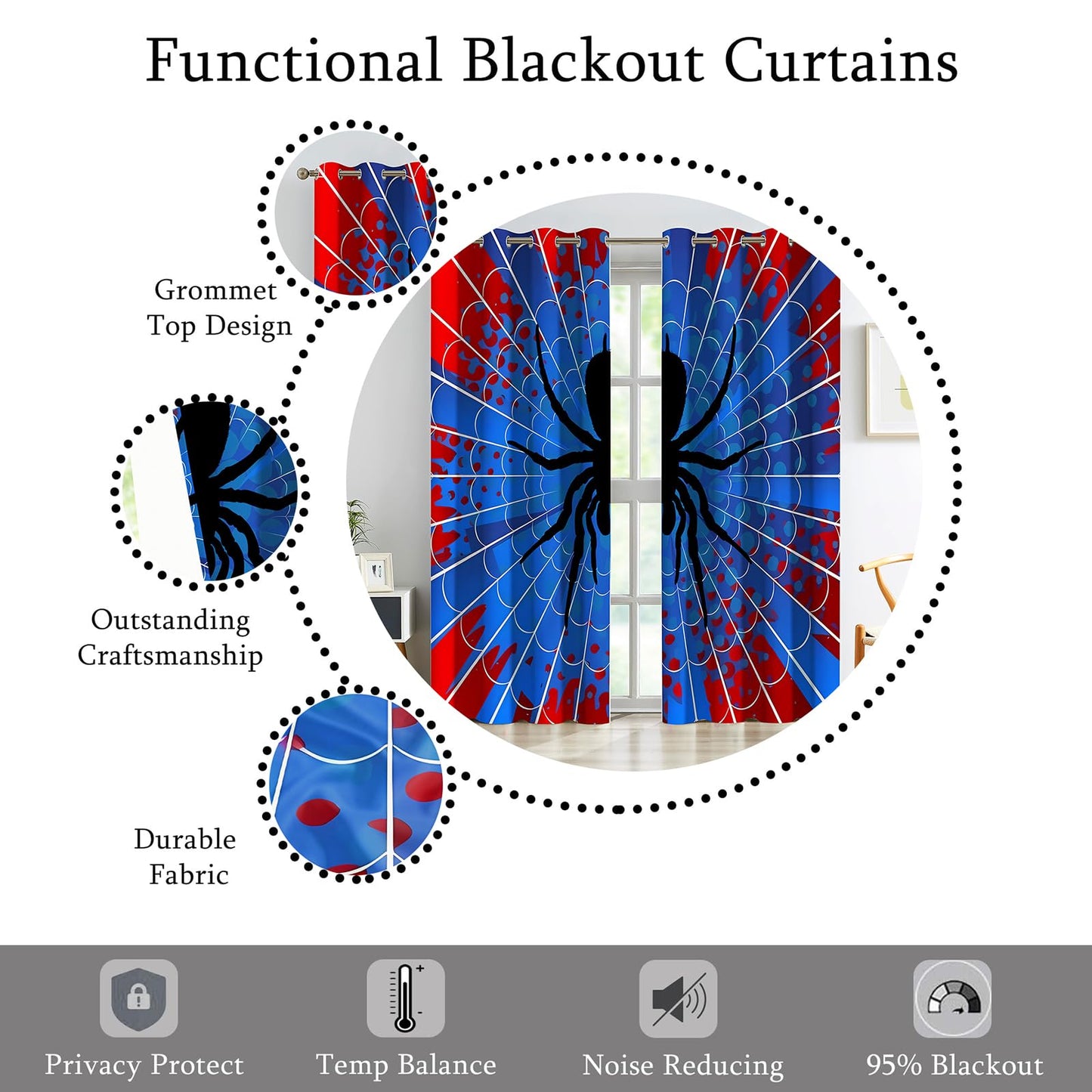 OSUNBD Spider Web Curtains - Blue & Red Superhero Design - Blackout Thermal Insulated Drapes for Kids Room, Bedroom, Living Room - 42 x 63 Inches, 2 Panels