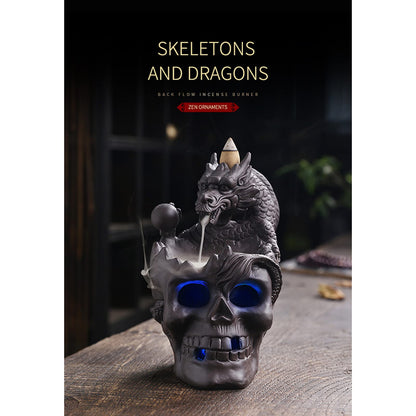 Romehaha Dragon Waterfall Incense Holder - Ceramic Backflow Burner with Skull Head, Zen Meditation Decor for Home, Bedroom, Yoga Studio - Unique Dragon Statue Gift for Aromatherapy & Relaxation