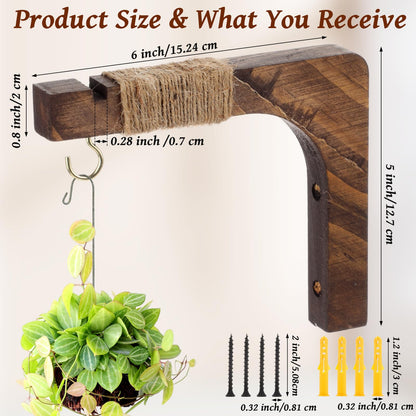 Geelin 4 Pack Wooden Plant Hanger for Wall Mounted Plant Hooks Outdoor Indoor Hanging 6 Inch Farmhouse Hanging Basket Hooks for Garden Home Wall Decoration, L x H x T: 6 x 5 x 0.8inch(Walnut)