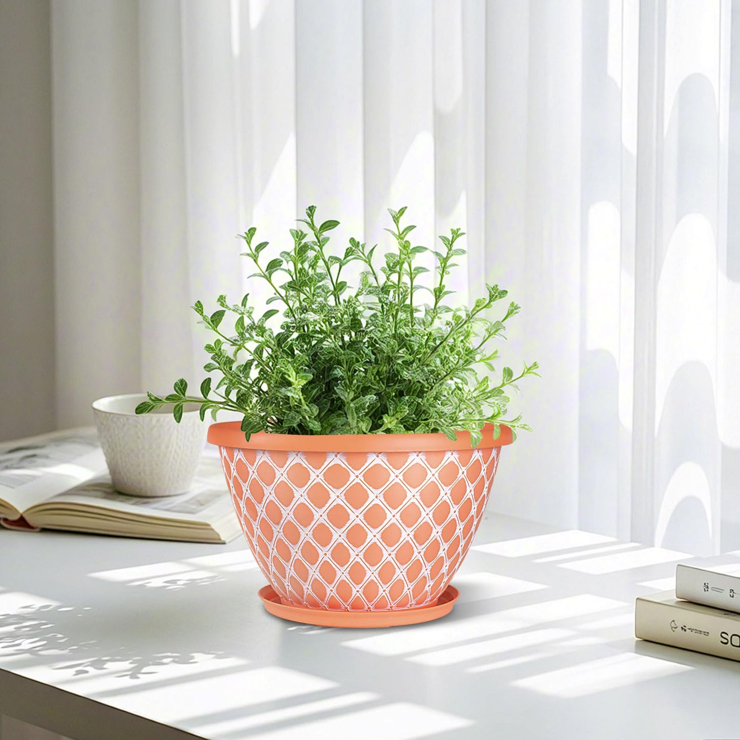 Nooulap 6 Pack 8 Inch Plant Pot, Flower Pots for Indoor Outdoor, Durable Decorative Planters for House Garden Plants Herbs Flowers Succulents, Orange and White Checkered Design