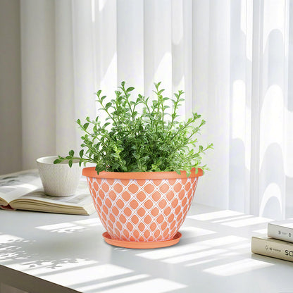 Nooulap 6 Pack 8 Inch Plant Pot, Flower Pots for Indoor Outdoor, Durable Decorative Planters for House Garden Plants Herbs Flowers Succulents, Orange and White Checkered Design