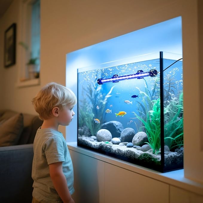 LED Submersible Aquarium Light 10W Underwater Fish Tank Light with Blue White&Blue and White Three Light Modes Timer Automatic On/Off and Dimmer Brightness Adjustable (19inch)