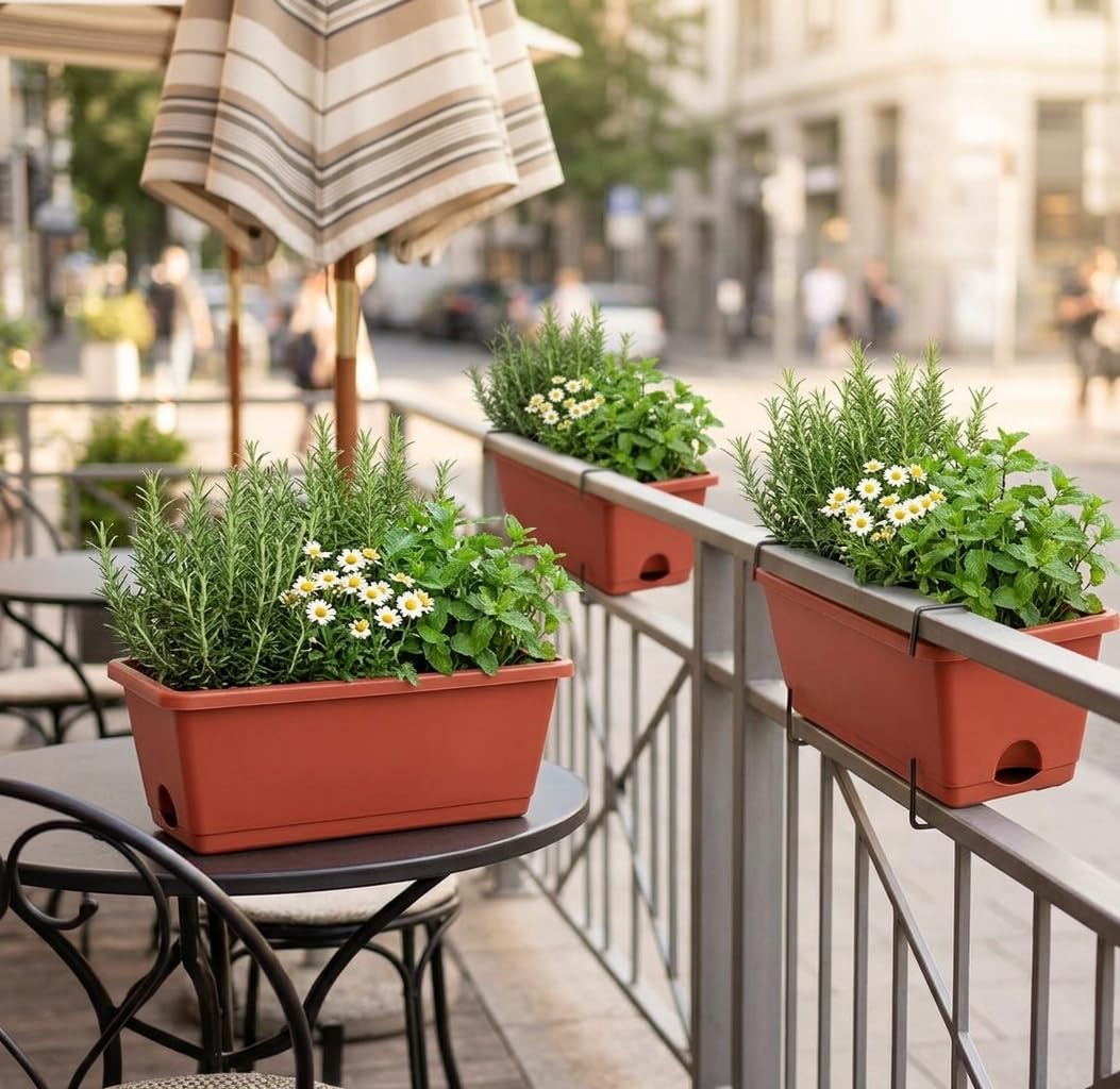 Yokodaza Red Window Box Planters, 7 Pack Rectangular Plastic Flower Planters Boxes with Saucers, 17 Inches Vegetable Planting Pots for Indoor Outdoor Garden, Patio, Windowsill, Home Decor