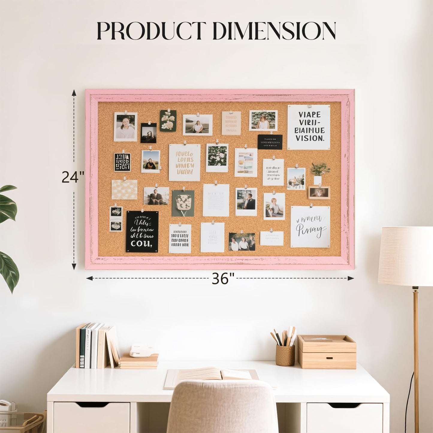 QUEENLINK Cork Bulletin Board 36" x 24", Wall Mounted Cork Board with Pink Wooden Frame, Decorative Pin Board for Office, Home & Classroom Decor, White