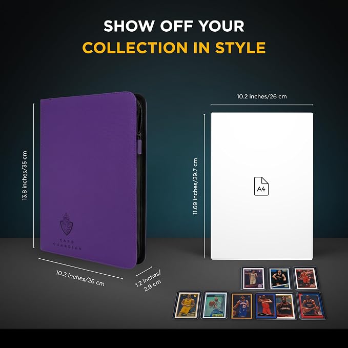 Card Guardian - 9 Pocket Premium Black Binder with Zipper for 360 Cards - Side Loading Pockets for Trading Card Games TCG (Purple)