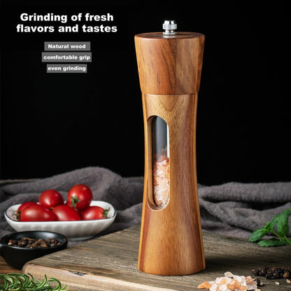 GCFTIFF Acrylic Wooden Salt and Pepper Grinder Set, Solid Acacia Wood Shakers with Adjustable Ceramic Steel Core,Manual Pepper Mill with Wooden Stand & Spoon(2pcs,8 inches)