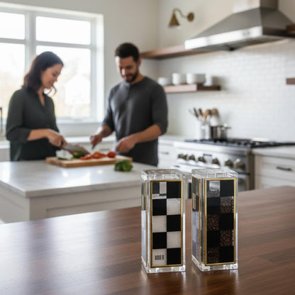 Black and White Checkered Salt and Pepper Shakers Set - Luxurious Lucite Acrylic Square Design - Modern 2.4" x 3.5" Refillable Dispensers - Elegant Kitchen Decor, Dining Table Unique Housewarming Gift
