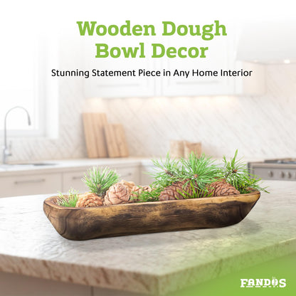 FANDOS Wooden Dough Bowl for Decor - 17¾ in Long Hand Carved Paulownia, Large Rustic Decorative Bowl for Home Table Centerpiece, Keys, Entryway Table, Catchall Tray & Wooden Dining Room Centerpiece