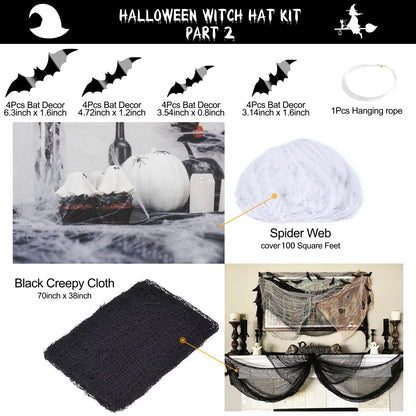 LINAYE Witch Hat XXL Kit - Halloween Decorations Including 12 PCS Black Witch Hats, 16 PCS 3D Bats, Spider Web, Creepy Cloth, Hanging Rope - Costume Headwear