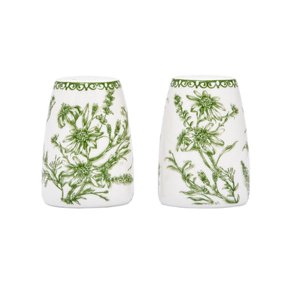 Bico Green Garden Toile De Jouy Ceramic Salt & Pepper Shaker Set, for Kitchen or Decor, Dishwasher Safe