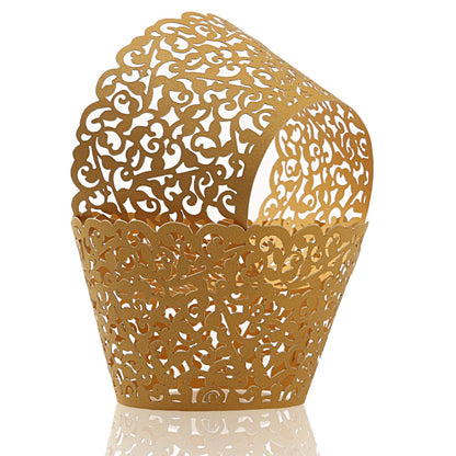 KPOSIYA Pack of 120 Cupcake Wrappers Artistic Bake Cake Paper Cups Vine Designed Laser Cut Cupcake Wraps Baking Cup Muffin Case Trays for Wedding Baby Shower Party Birthday Decoration (120, Gold)