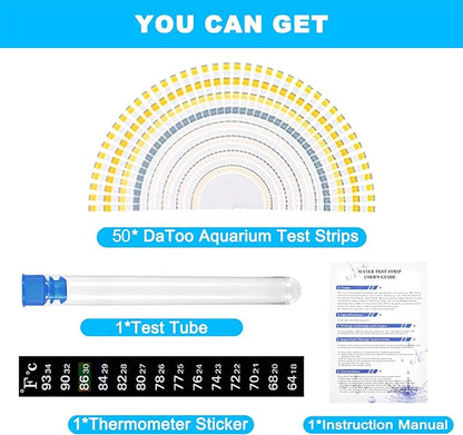DaToo 8 in 1 Aquarium Test Kit Fish Tank Test Strips Accurate Water Quality Testing Strips for Ammonia PH Total Alkalinity Carbonate Hardness Free Chlorine Nitrate Nitrite Temperature (50 Strips)