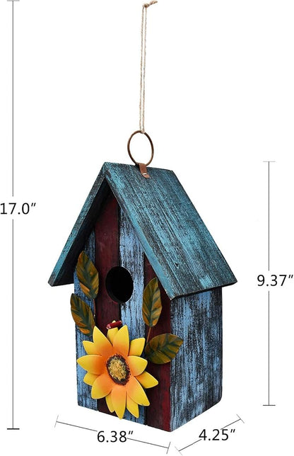 Wood Bird House for Outside, Hanging Decorative Bird House Outdoor Garden Patio Yard Rustic Hand-Painted Bluebird Birdhouse Nesting Box for Finch Wren Sparrow Chickadee
