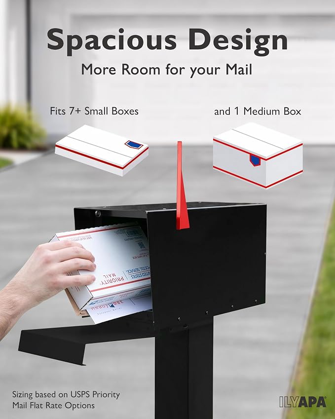Ilyapa Modern Mailbox for Post Mount - Black with Black Door Heavy Duty Powder Coated Steel, Waterproof Letter Box for Curbside Parcels, Corrosion Resistant with Recessed Magnetic Close Door, Large