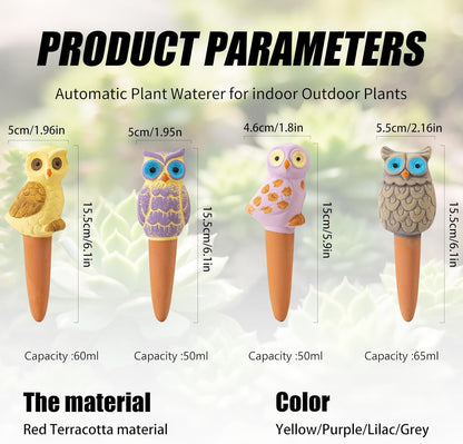 4 Pack Handmade Terracotta Owl Watering Spikes and Globes, Self-Watering Plant Devices with Slow Release System for Continuous Moisture, Perfect Water Bulbs for Indoor and Outdoor Plants Vacation Use